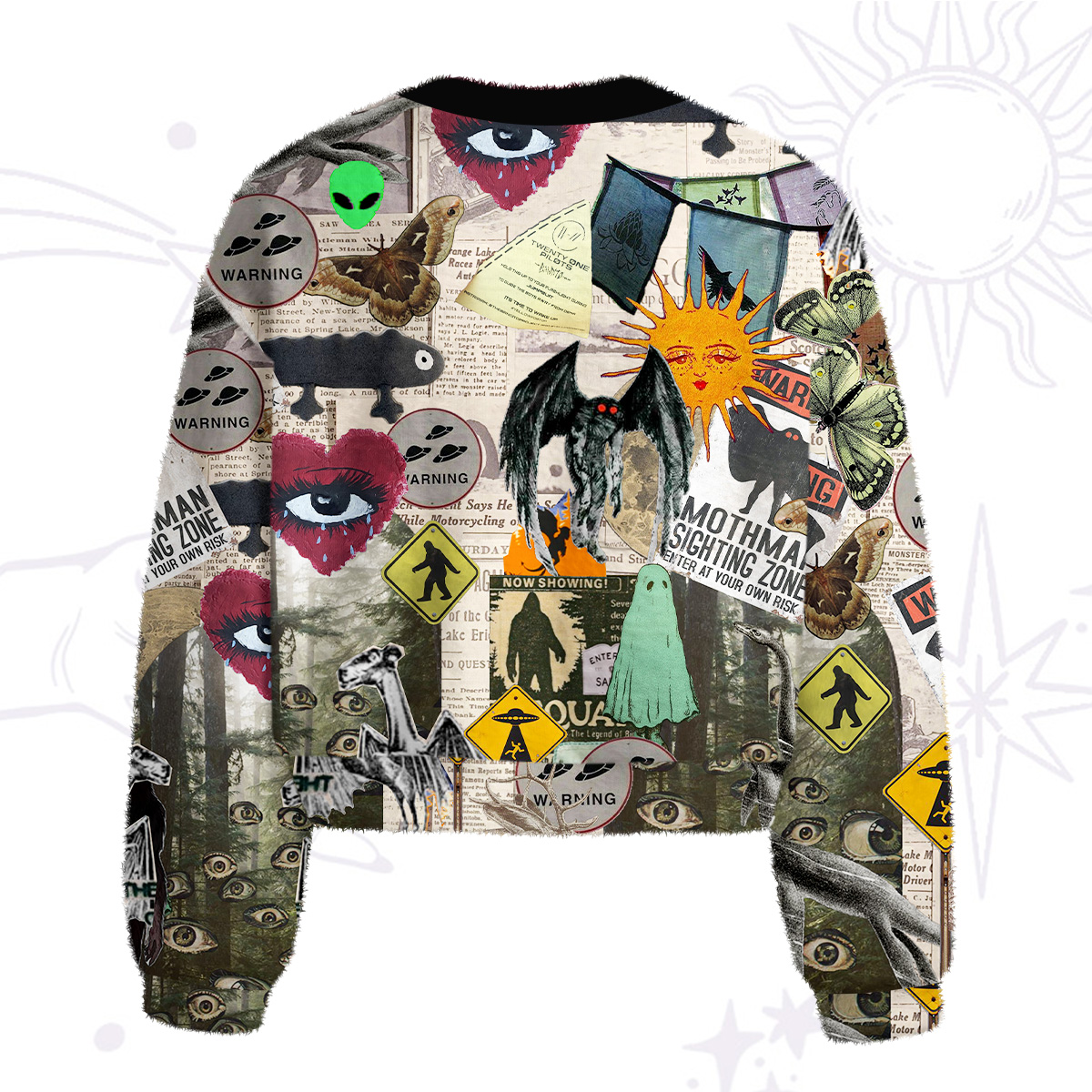Purplehecate Cryptid Warning Collage Fuzzy Crewneck Sweater