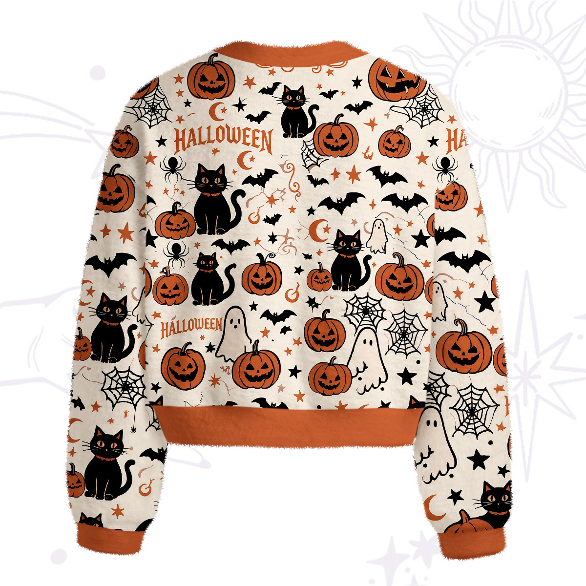 Purplehecate Halloween Ghost Black Cat Fuzzy Crewneck Sweater
