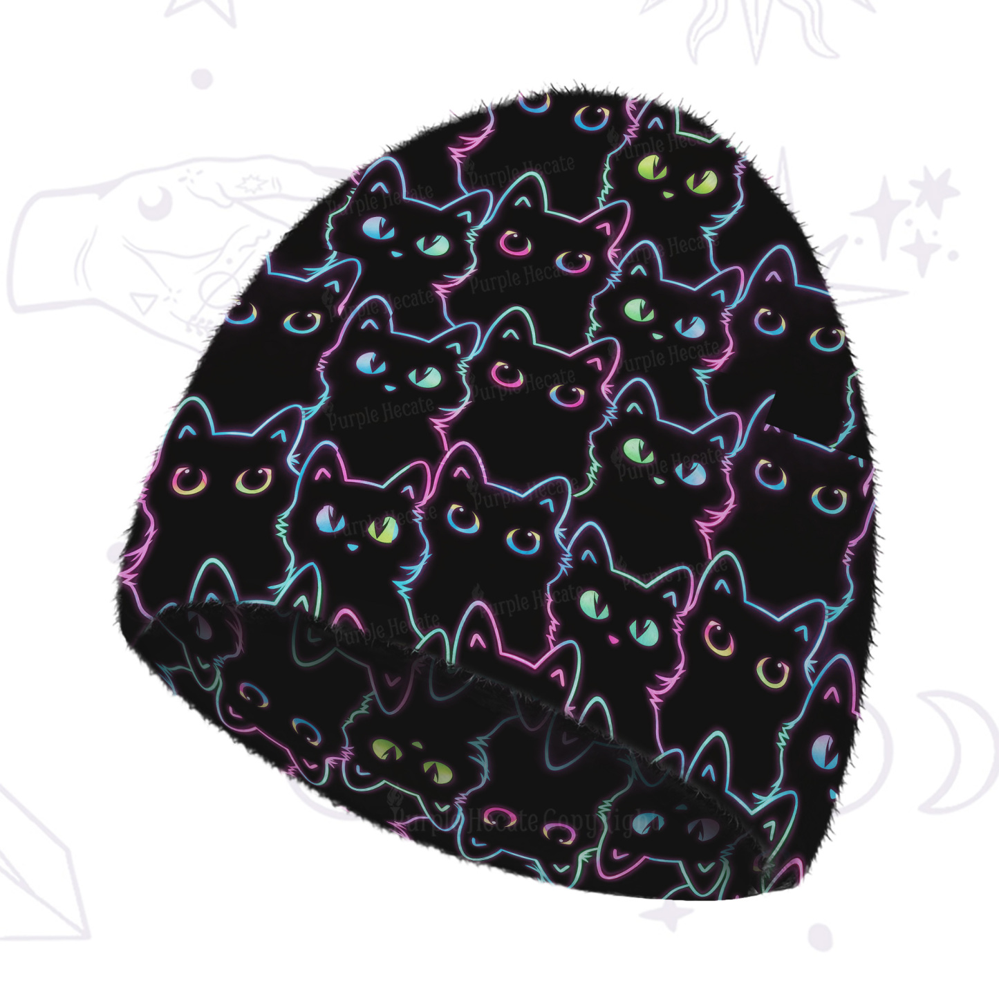 Purplehecate Neon Glow Stacked Cats Fuzzy Knit Beanie