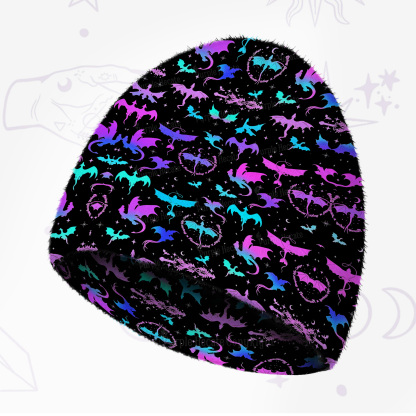 Purplehecate Neon Fantasy Dragon Allover Fuzzy Knit Beanie