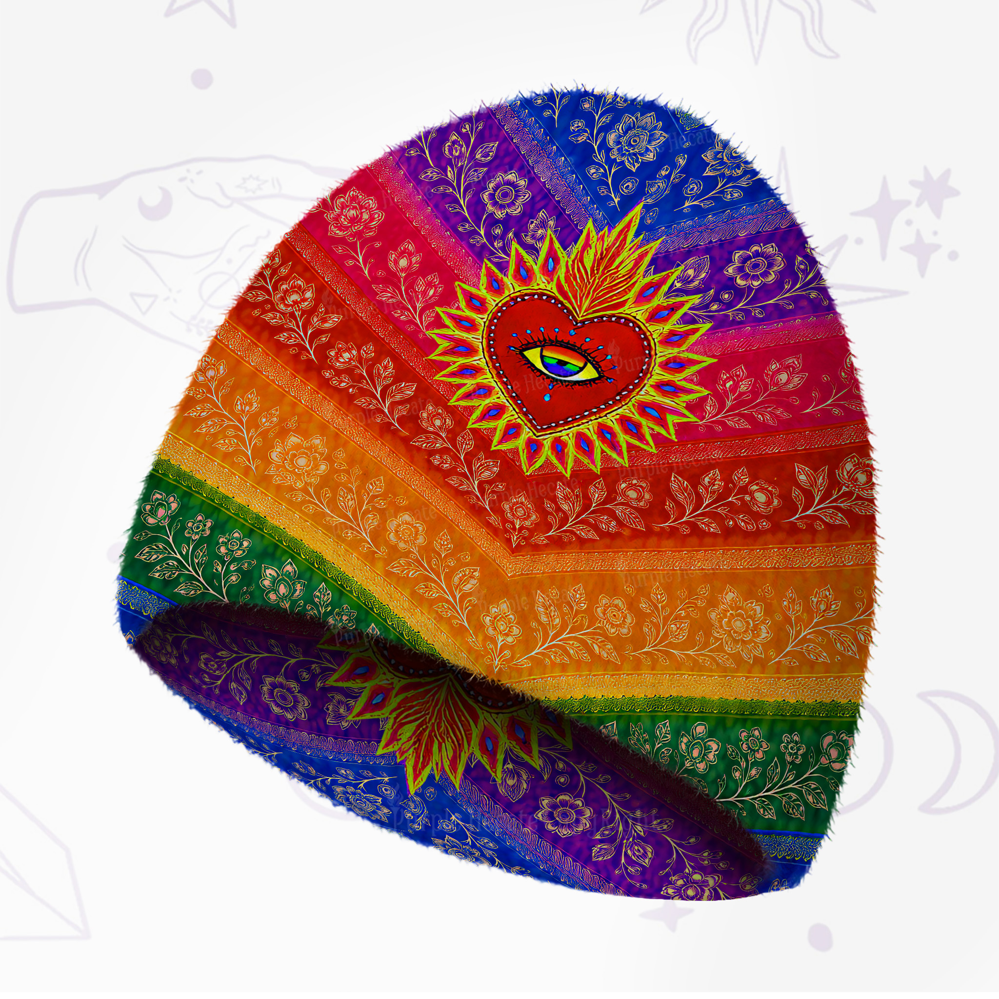 Purplehecate Rainbow Striped Sacred Heart Fuzzy Knit Beanie