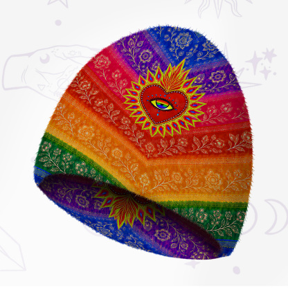 Purplehecate Rainbow Striped Sacred Heart Fuzzy Knit Beanie