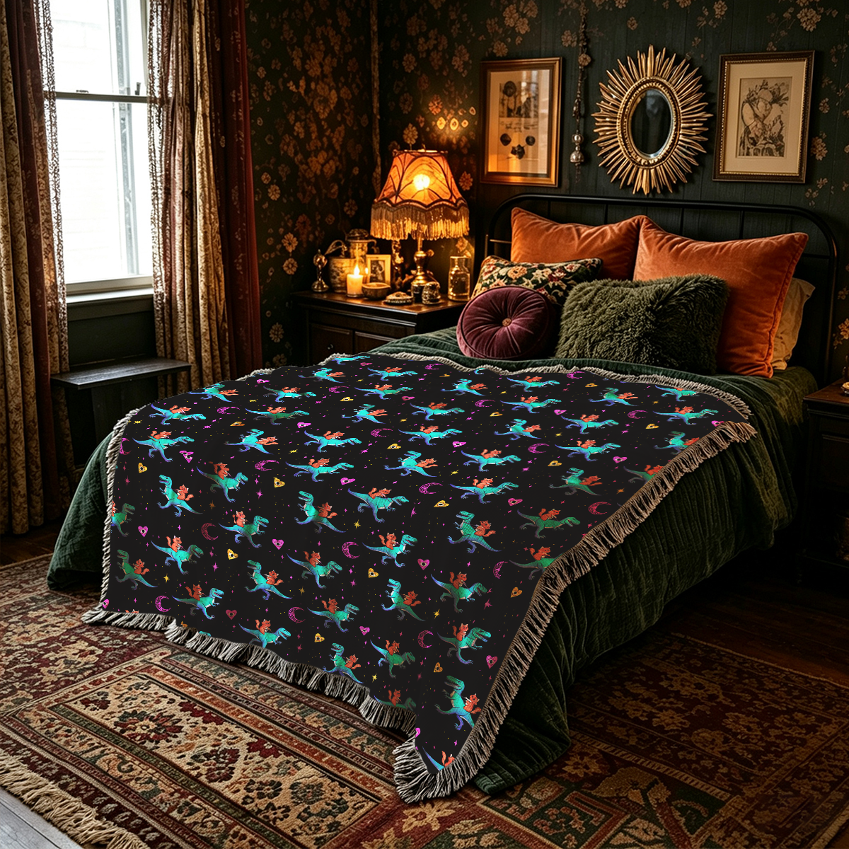 Purplehecate Witch Cat Rides the Dino Woven Tapestry Blanket