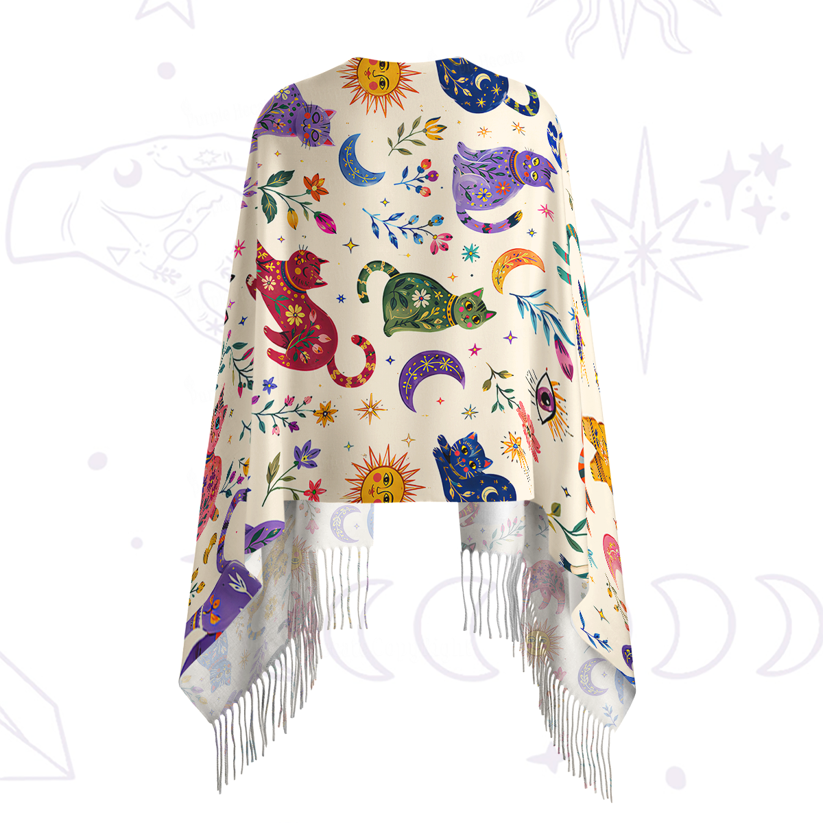 Purplehecate Rainbow Magic Cats Printed Fringe Scarf