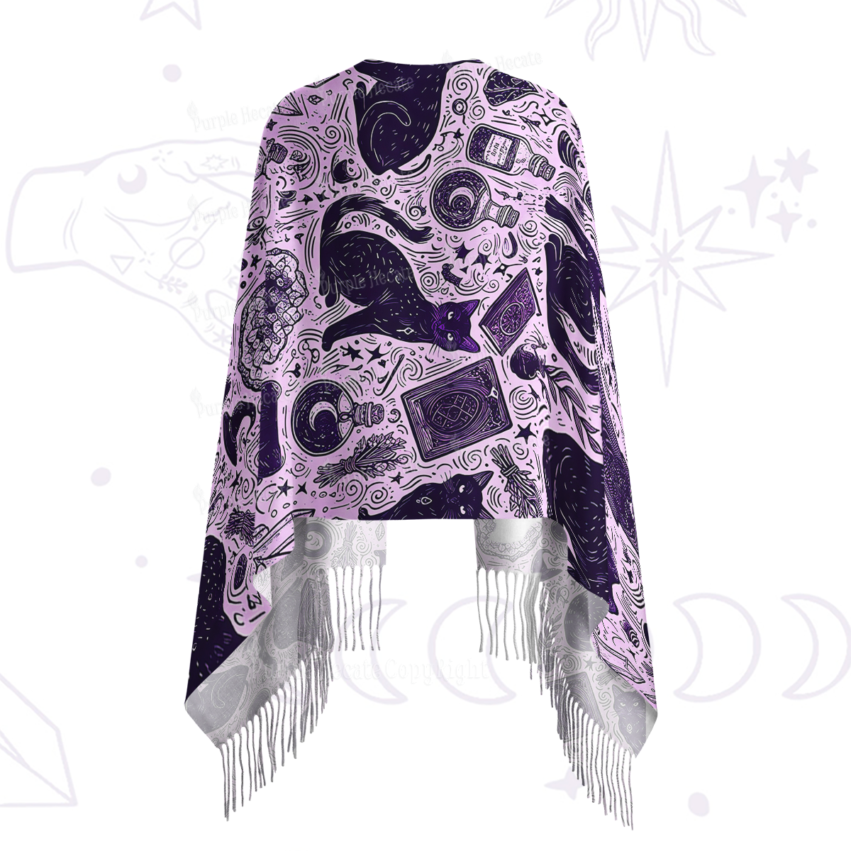 Purplehecate Midnight Black Cat Witch Potion Printed Fringe Scarf