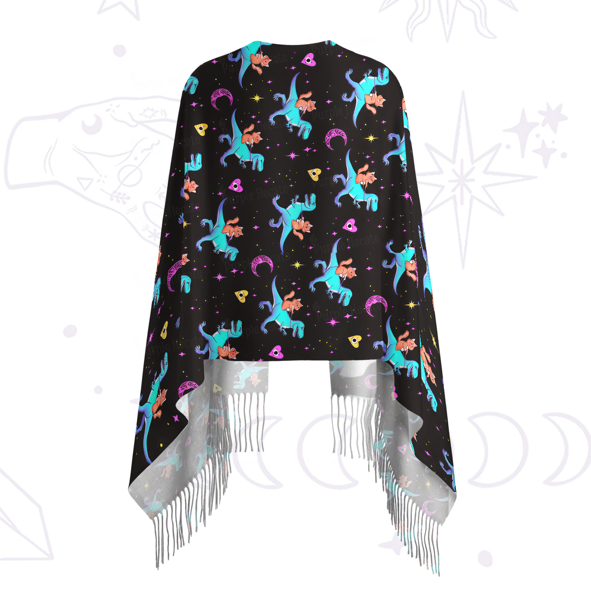 Purplehecate Witch Cat Rides the Dino Printed Fringe Scarf