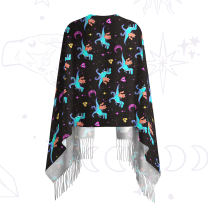 Purplehecate Witch Cat Rides the Dino Printed Fringe Scarf