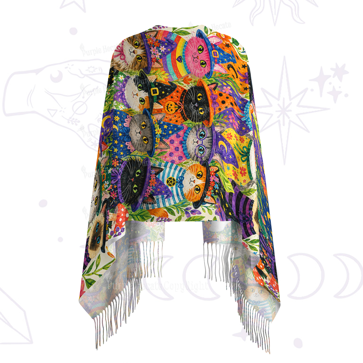 Purplehecate Witchy Meow-Meow Gathering Printed Fringe Scarf