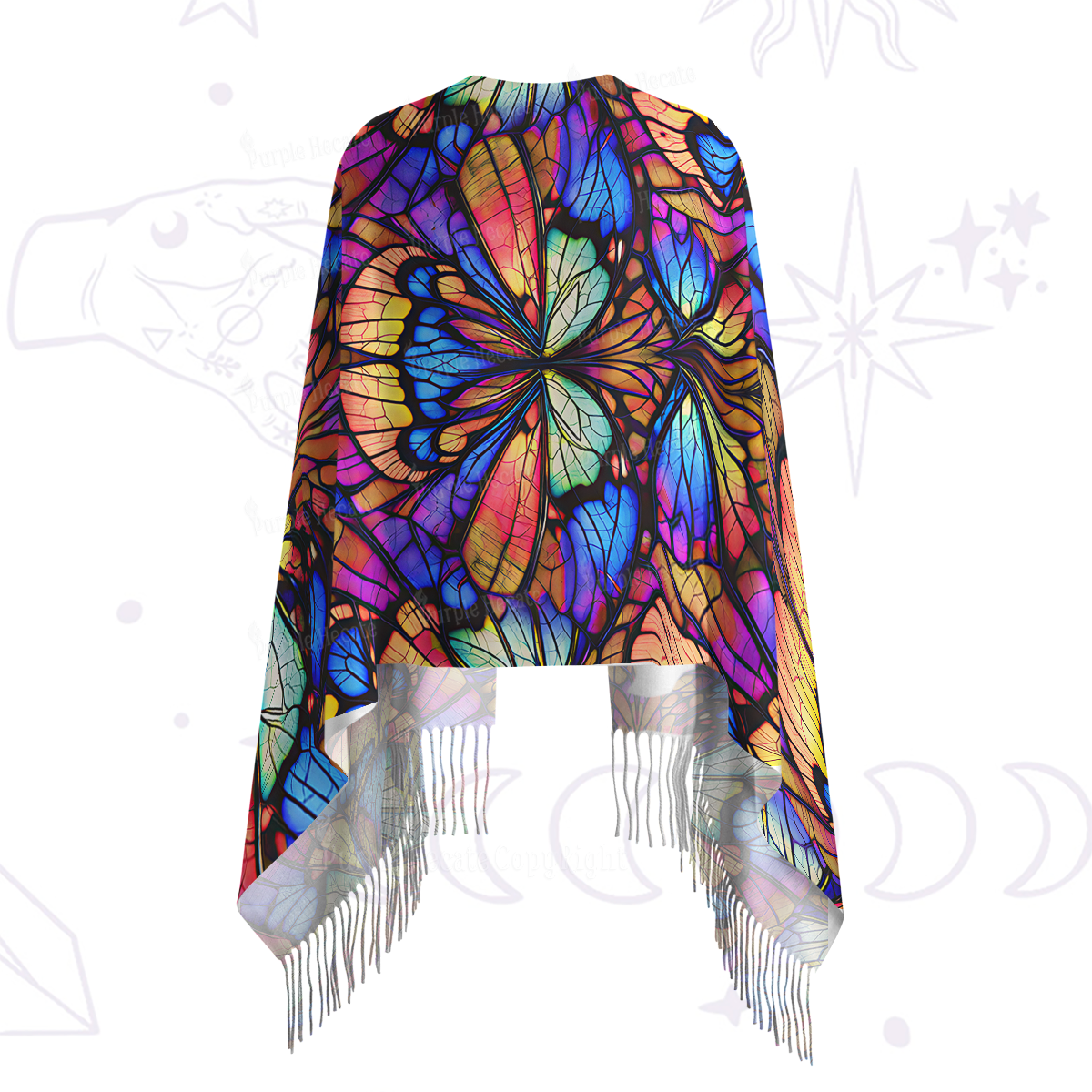 Purplehecate Colorful Butterfly Wing Pattern Printed Fringe Scarf