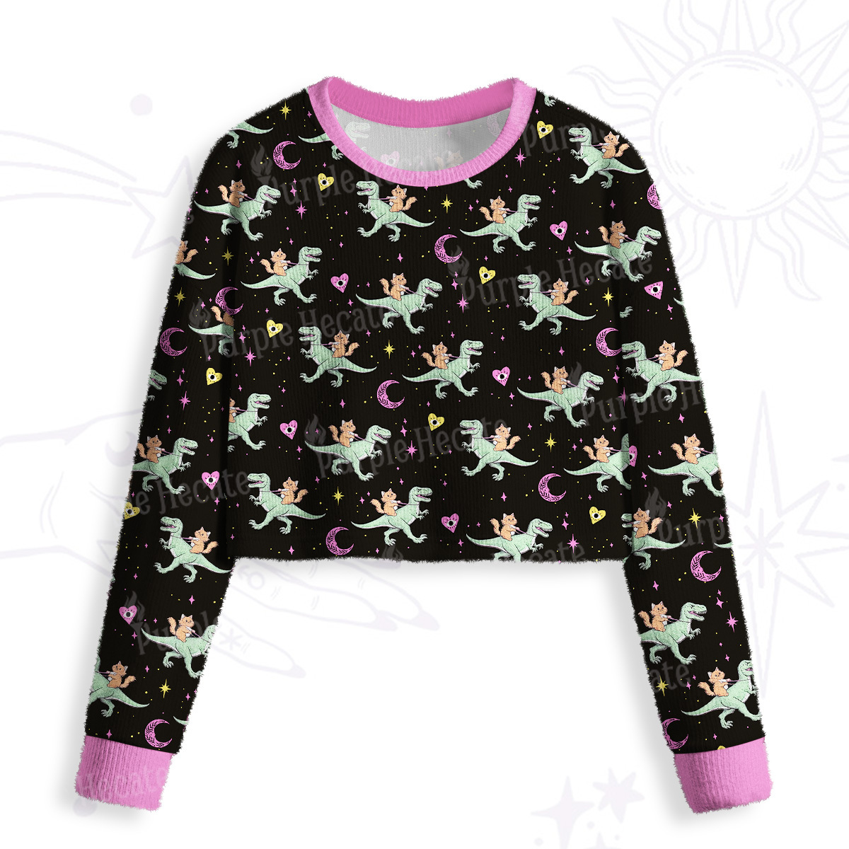 Purplehecate Witch Cat Rides the Dino Crop Fuzzy Ugly Sweatshirt