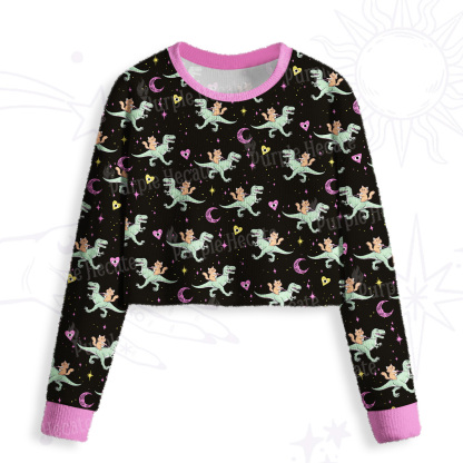 Purplehecate Witch Cat Rides the Dino Crop Fuzzy Ugly Sweatshirt