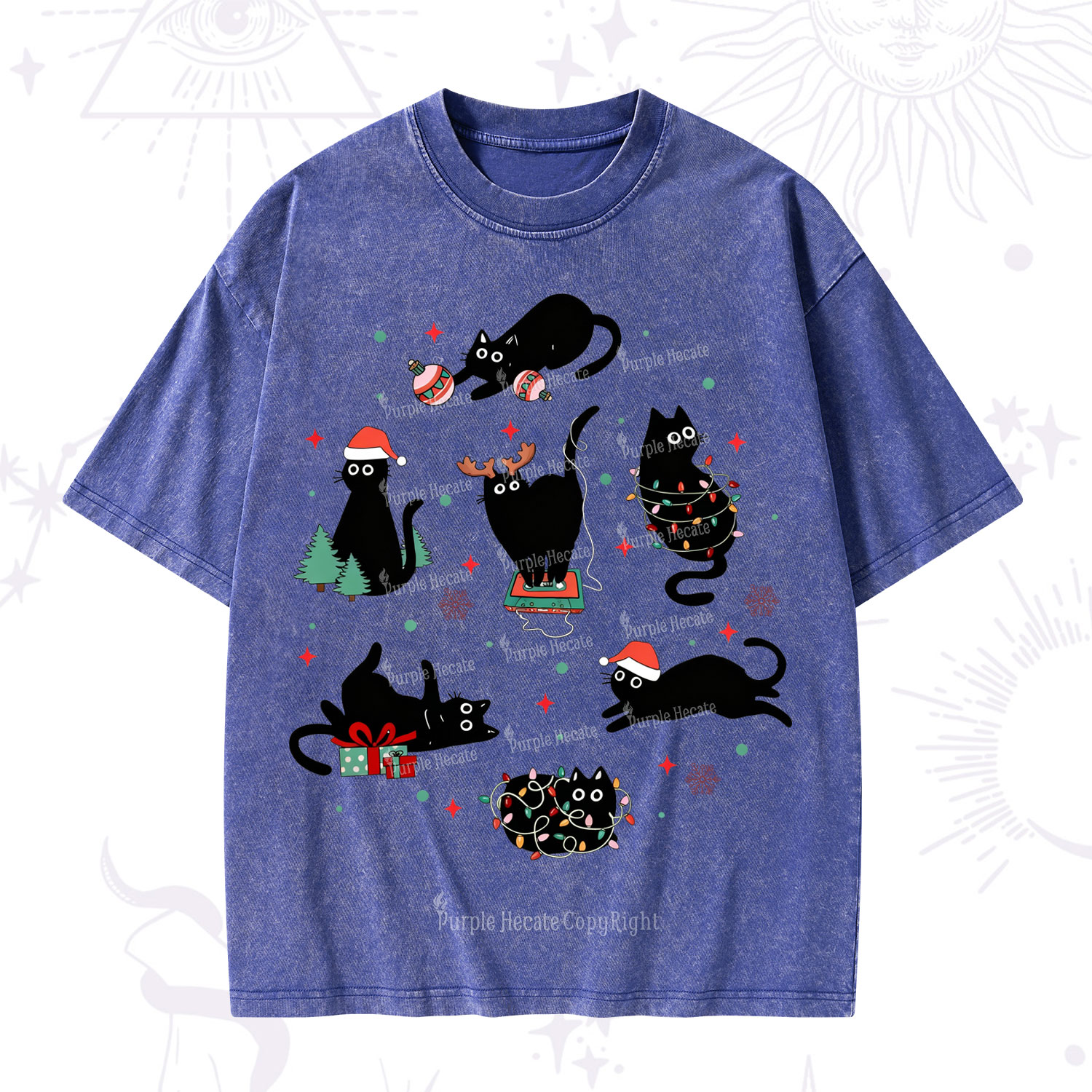 Purplehecate Christmas Cat Mom Holiday Washed T-Shirt