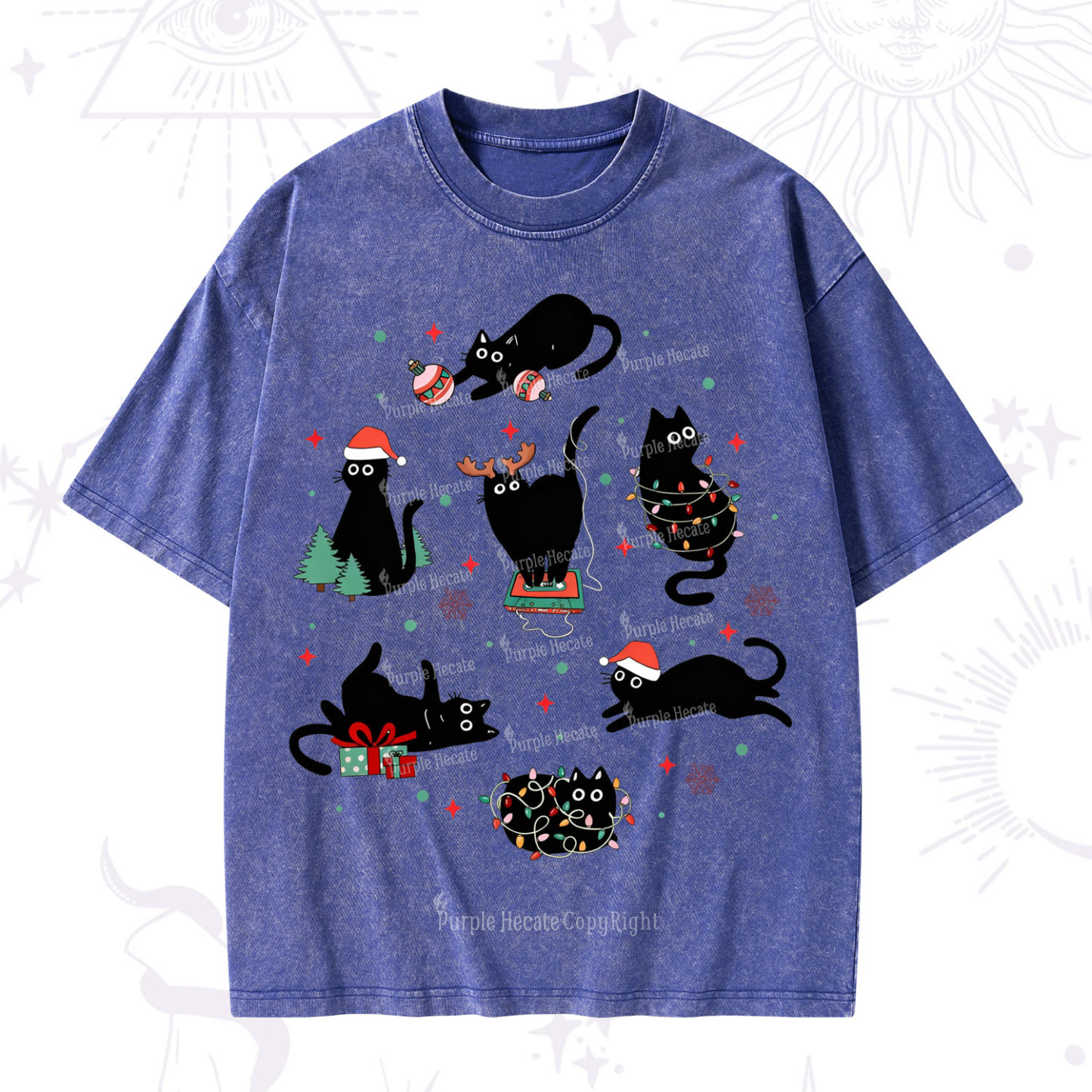 Purplehecate Christmas Cat Mom Holiday Washed T-Shirt