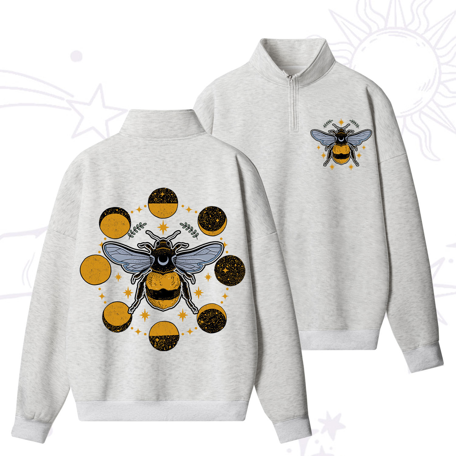 Purplehecate Phases of the Moon Bee Zip Fleece Sweatshirt
