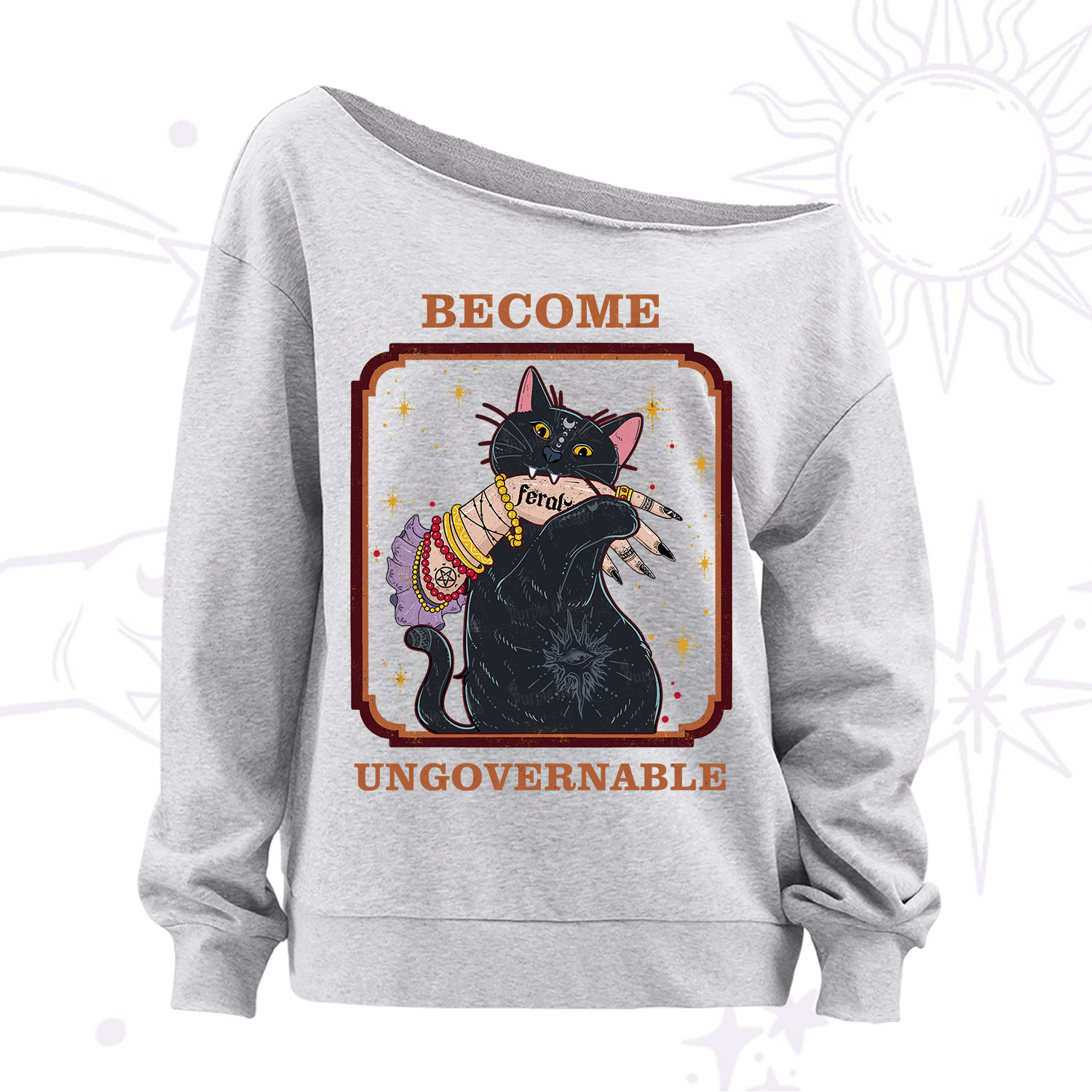Purplehecate Become Ungovernable Cat Off The Shoulder Sweatshirt
