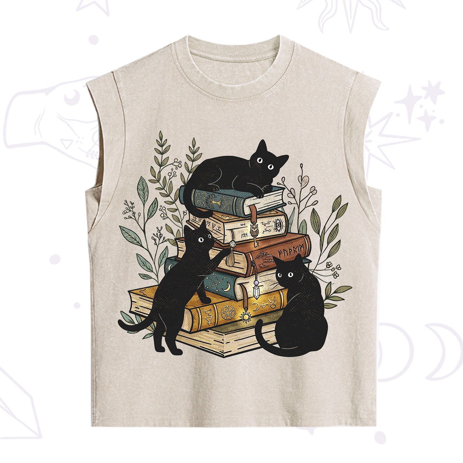 Purplehecate Enchanted Library Three Black Cats Vintage Washed Tank
