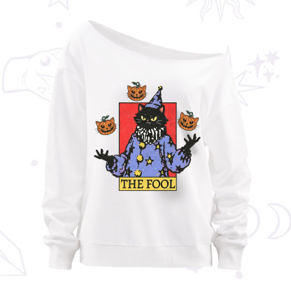 Purplehecate Spooky Fool Black Cat Off The Shoulder Sweatshirt