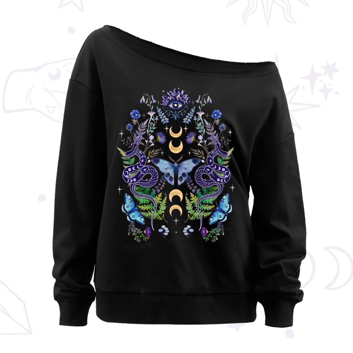 Purplehecate Moon Moth Witchery Off The Shoulder Sweatshirt