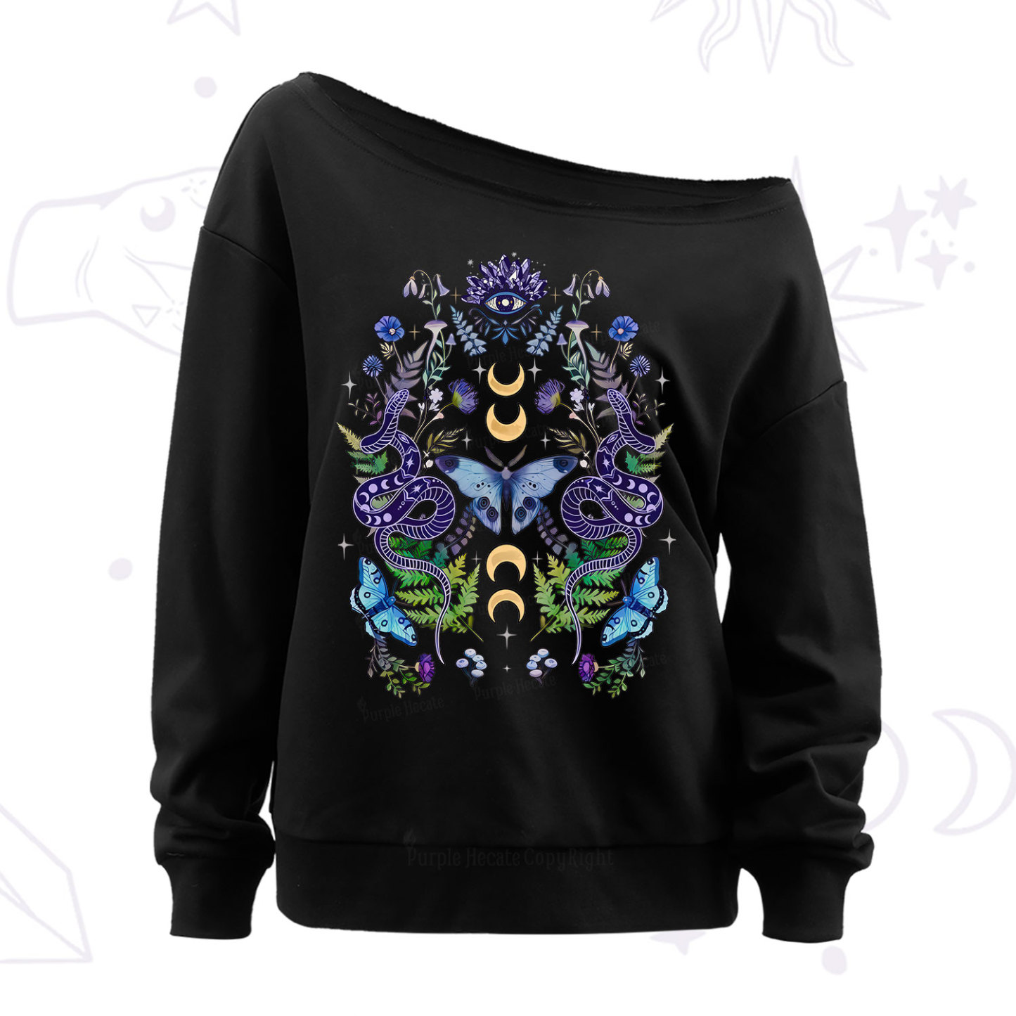 Purplehecate Moon Moth Witchery Off The Shoulder Sweatshirt
