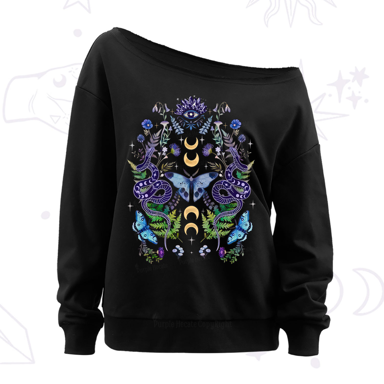 Purplehecate Moon Moth Witchery Off The Shoulder Sweatshirt