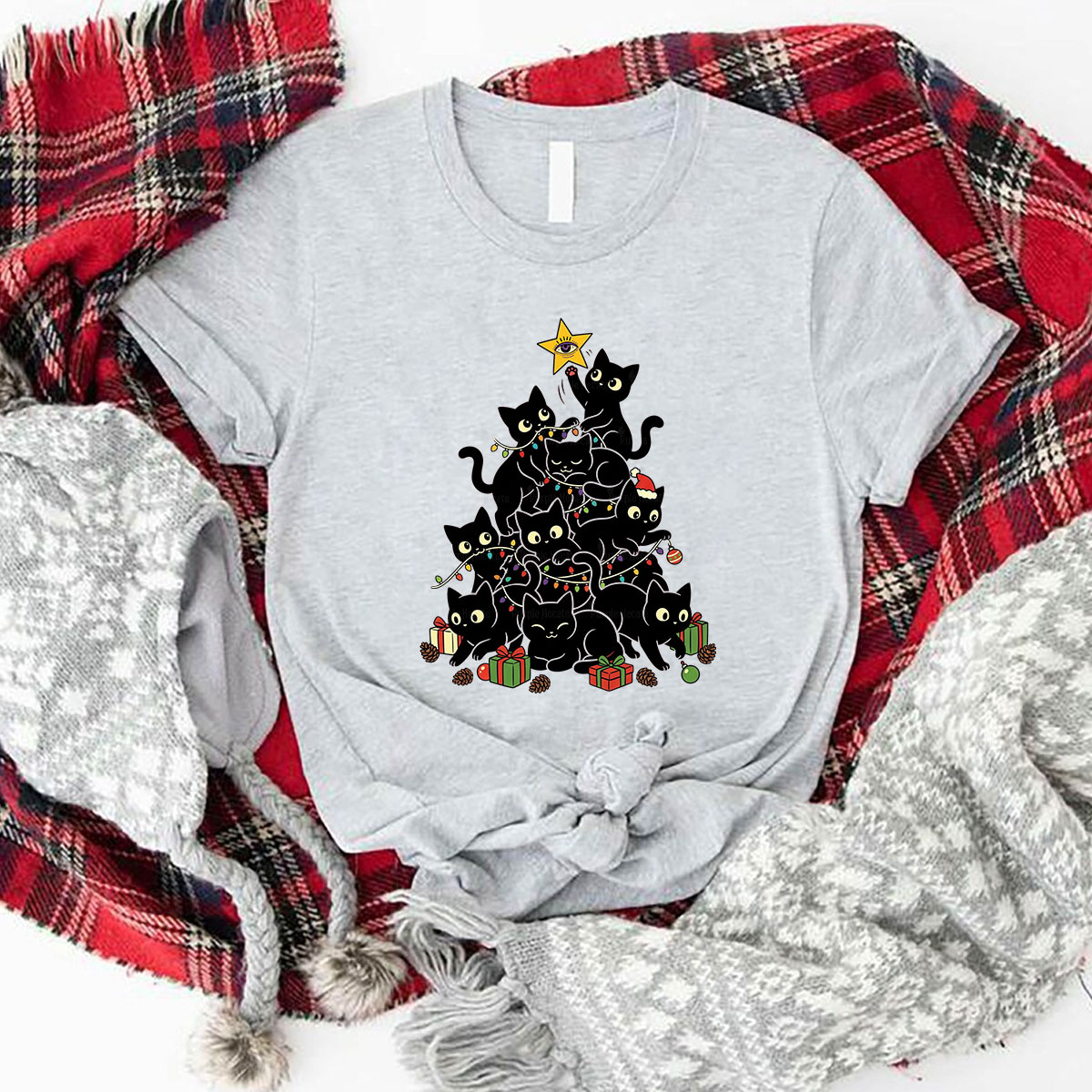 Purplehecate Black Cat Christmas Tree Christmas Couple T-Shirts