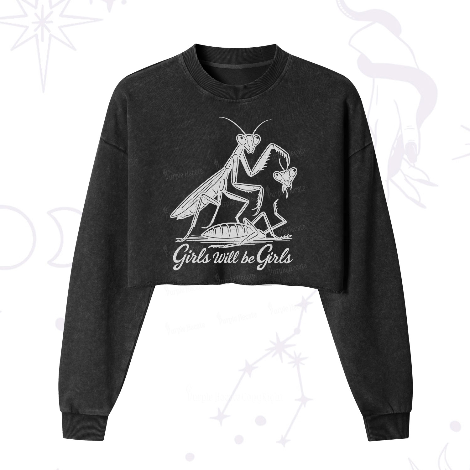 Purplehecate Girls Will Be Girls Praying Mantis Cropped Washed Sweatshirt
