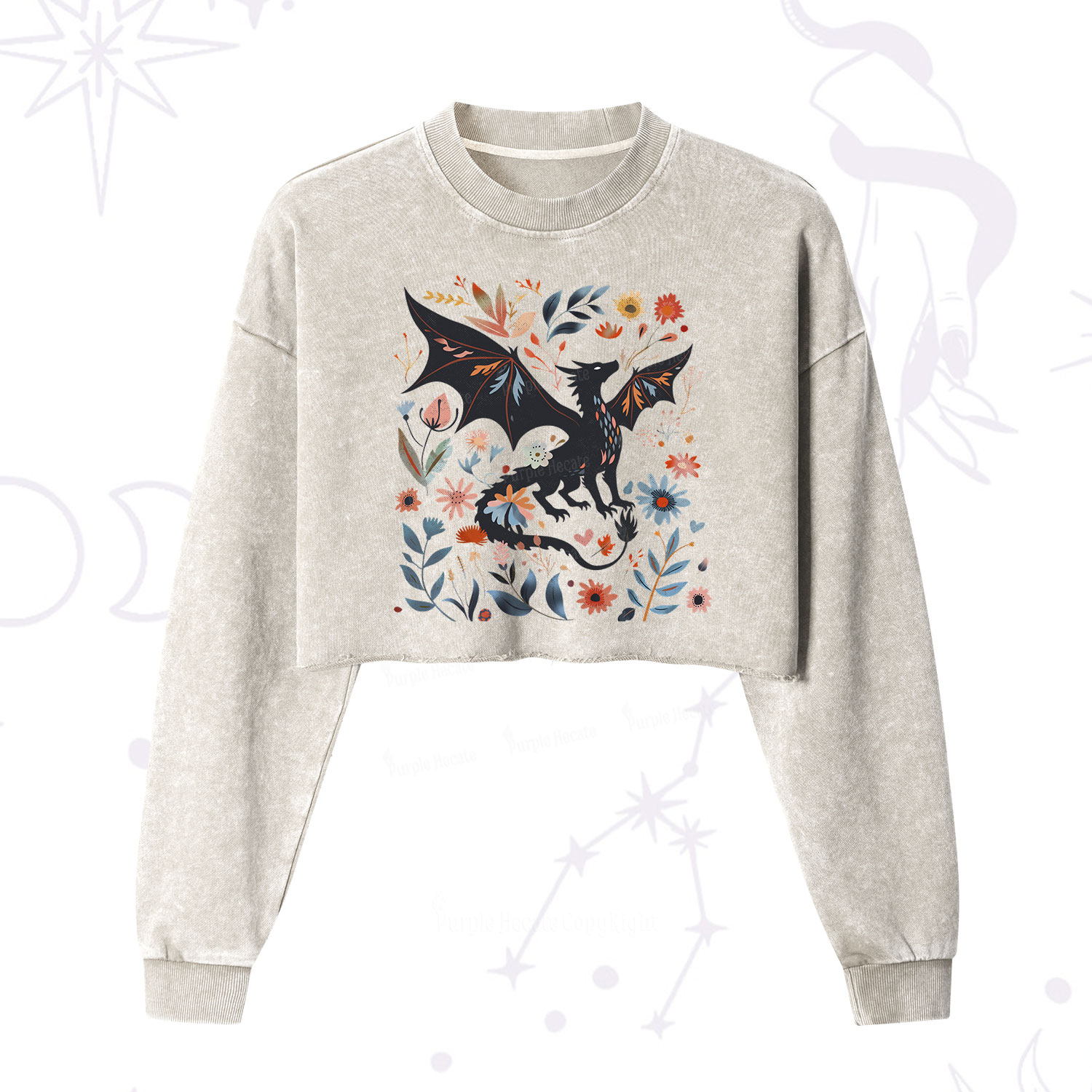Purplehecate Vintage Fantasy Wyvern Bookish Cropped Washed Sweatshirt