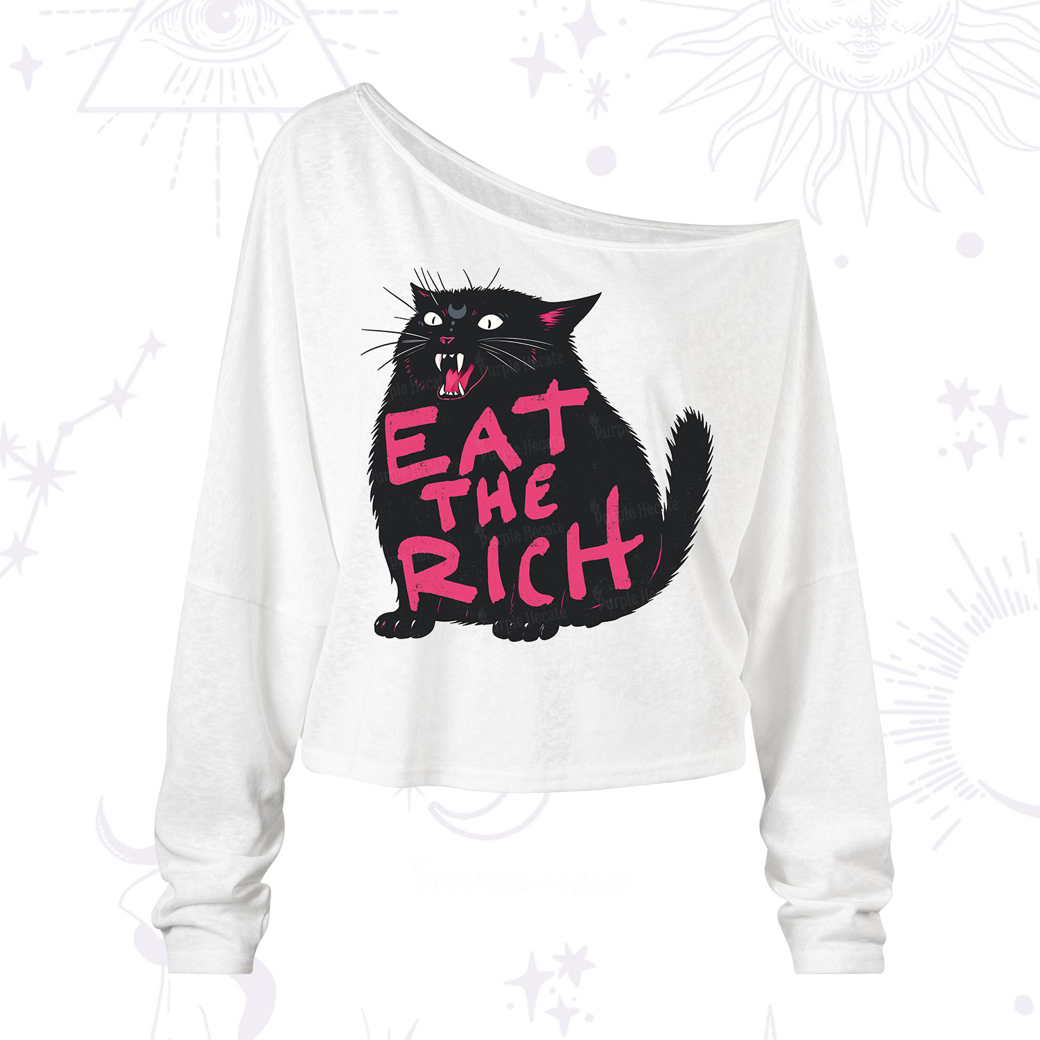 Purplehecate Eat The Rich Cat One Shoulder Long Sleeve Shirt
