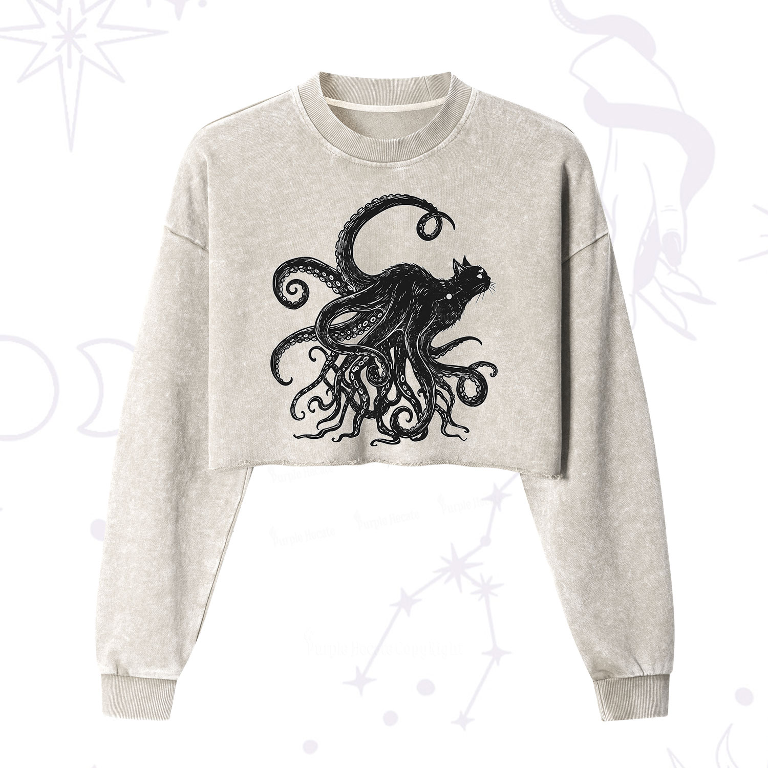 Purplehecate Black Cat with Octopus Tentacles Cropped Washed Sweatshirt