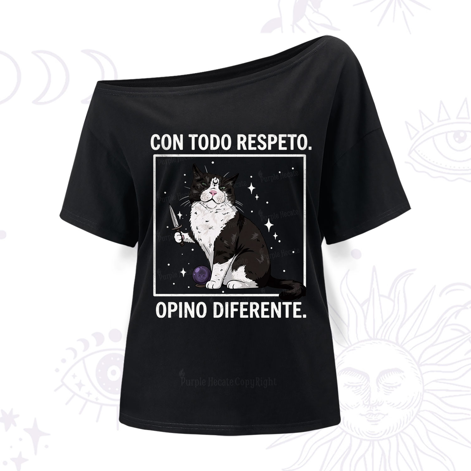 Purplehecate Funny Cat Con Todo Respeto Opino Diferente One Shoulder T-Shirt