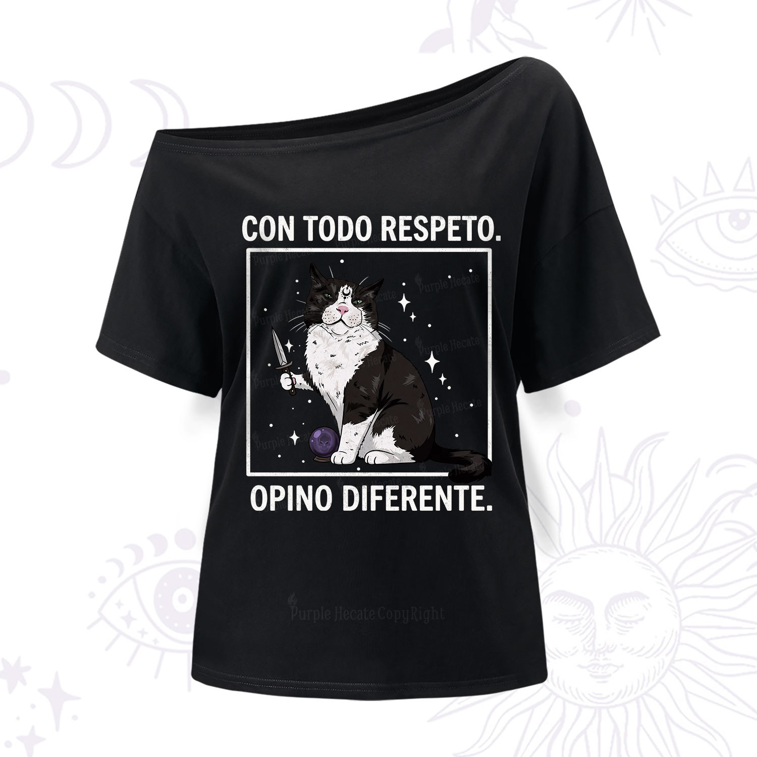 Purplehecate Funny Cat Con Todo Respeto Opino Diferente One Shoulder T-Shir