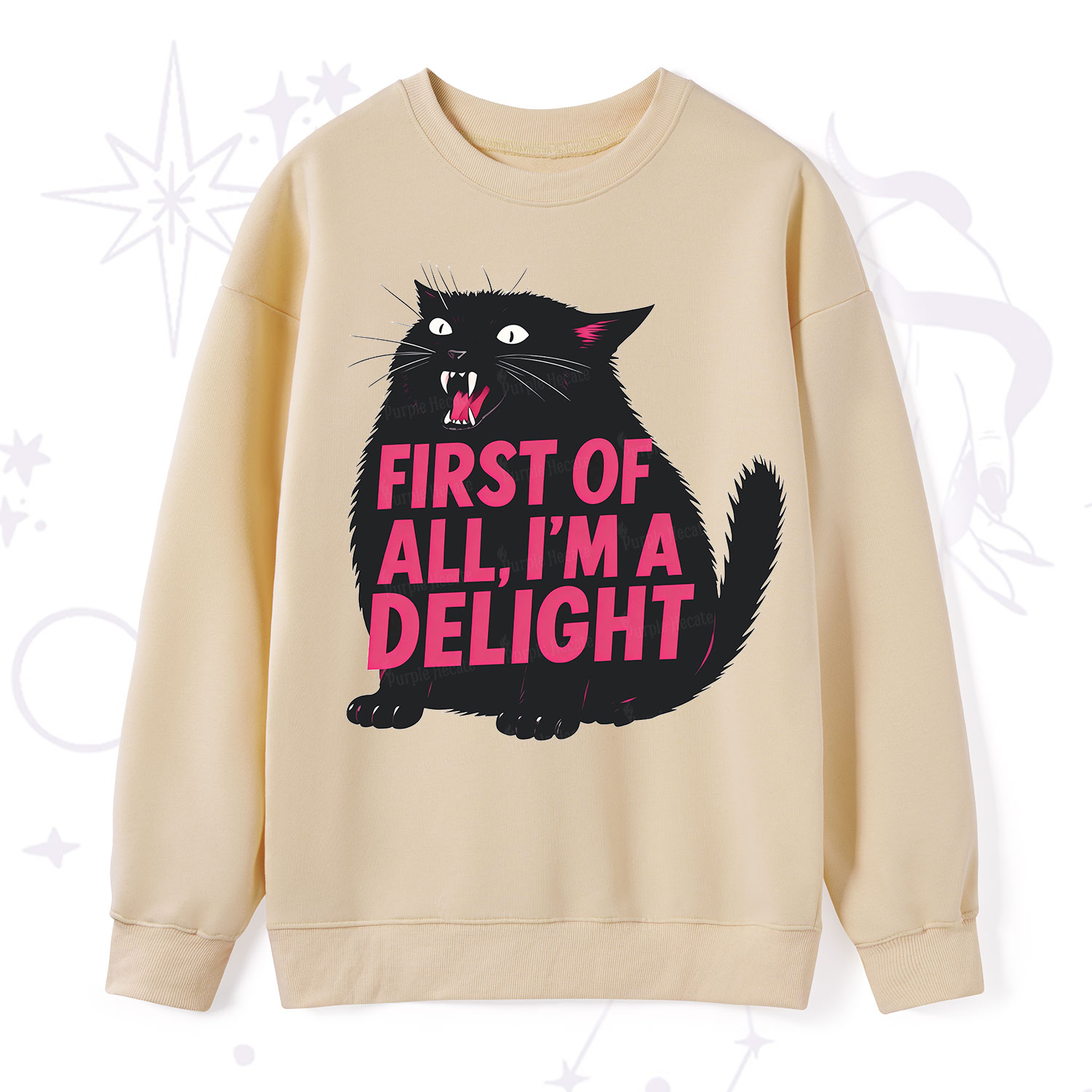 Purplehecate First Of All I'm A Delight Cat Sweatshirt