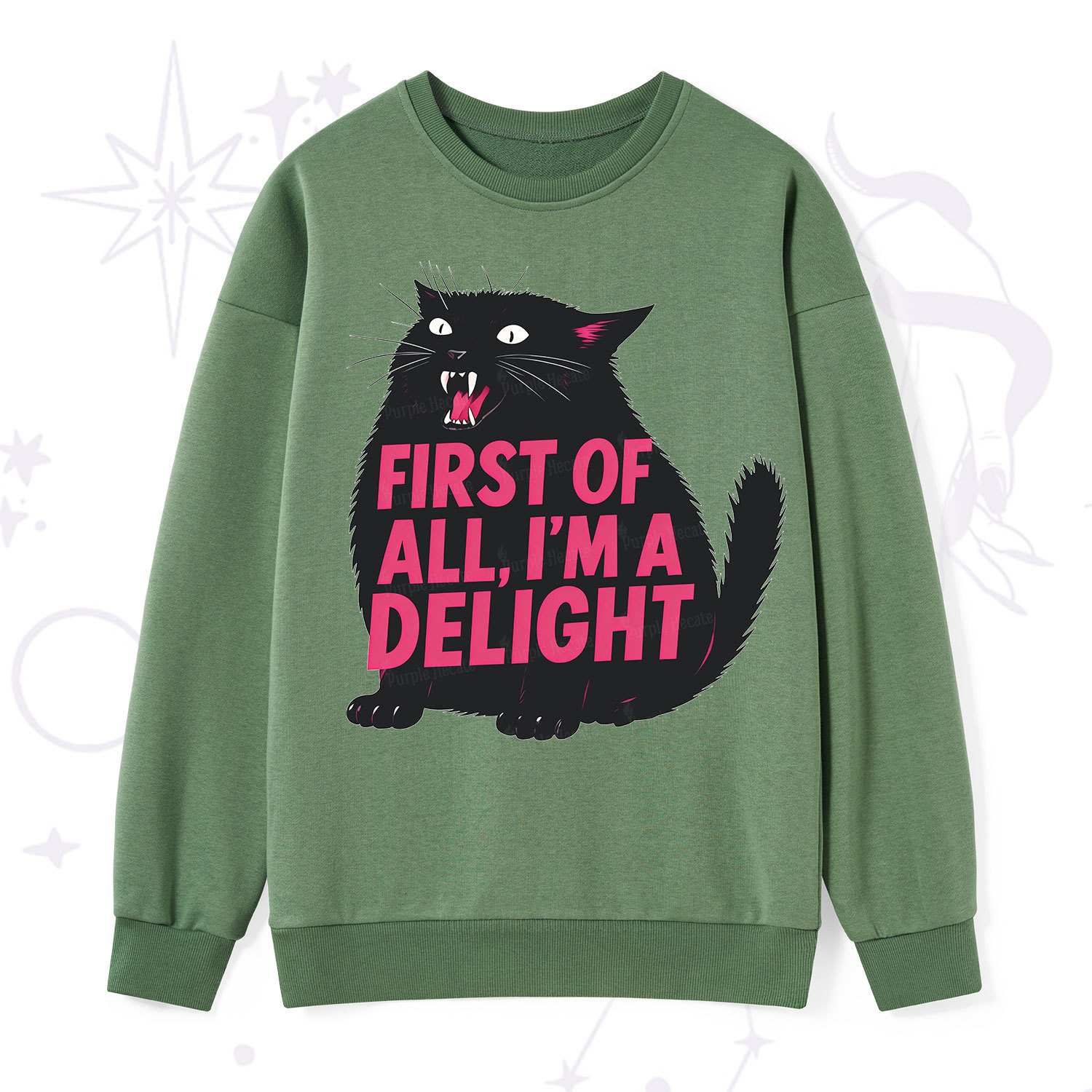 Purplehecate First Of All I'm A Delight Cat Sweatshirt