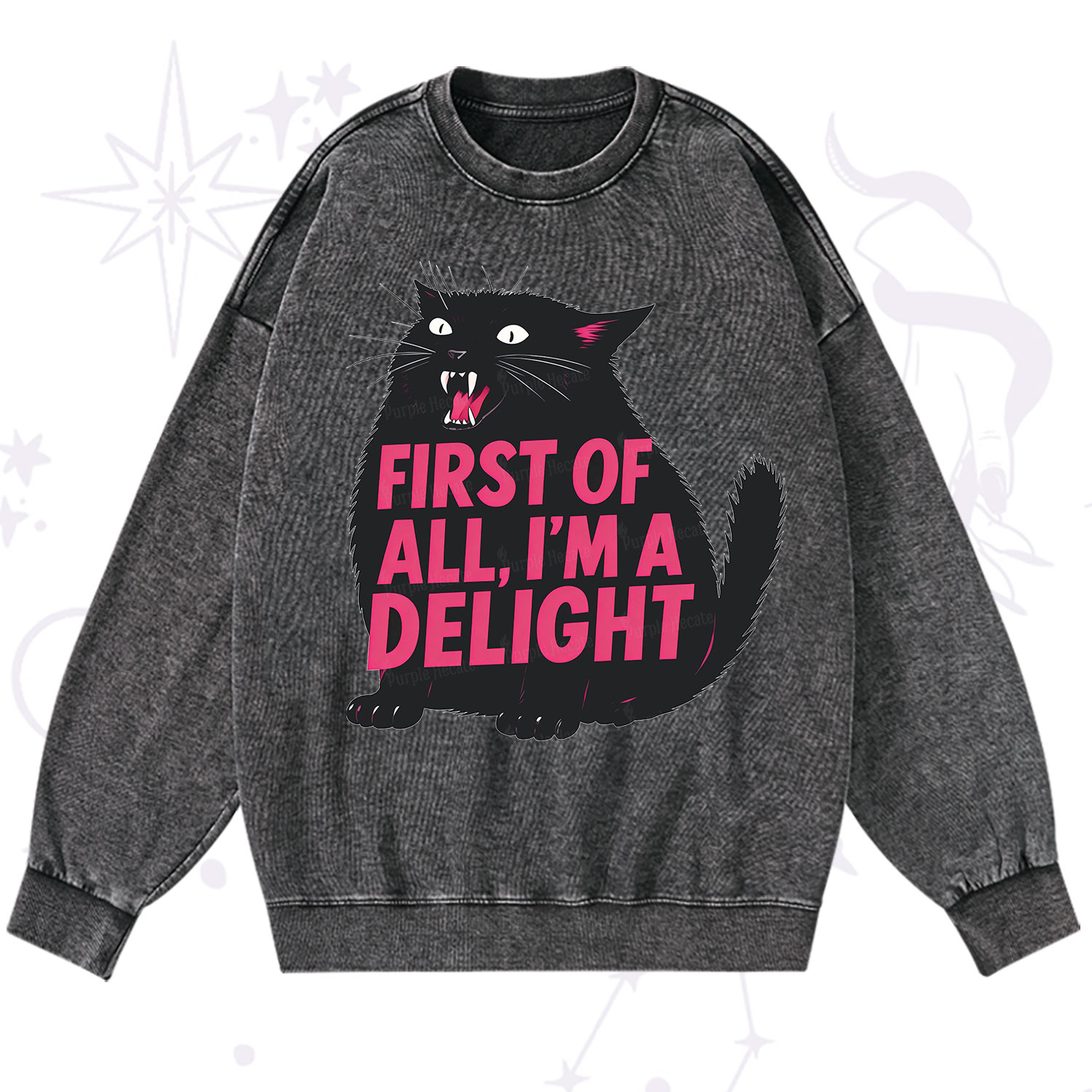 Purplehecate First Of All I'm A Delight Cat Washed Sweatshirt