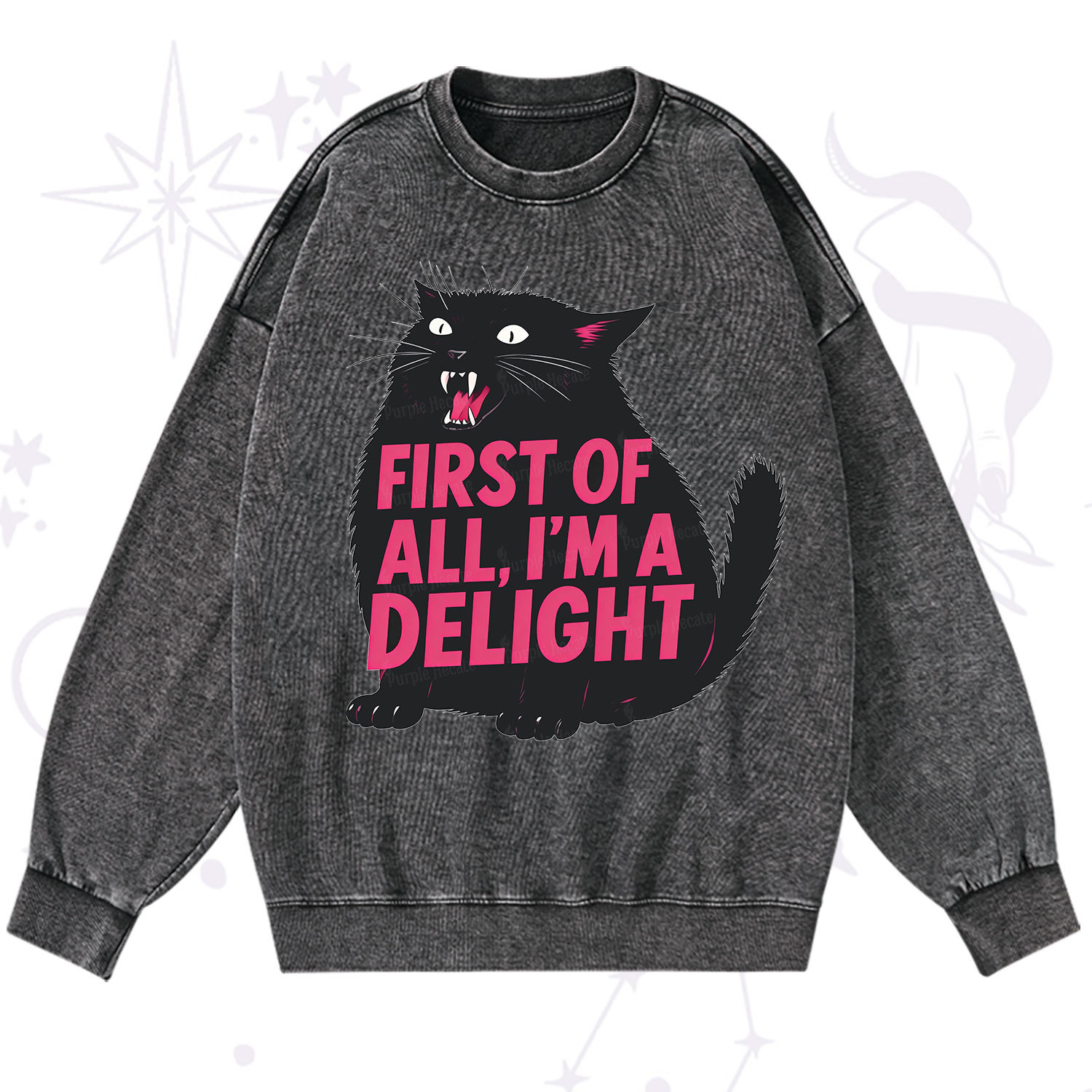 Purplehecate First Of All I'm A Delight Cat Washed Sweatshirt