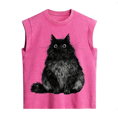 Purplehecate Cute Black Fluffy Cat Vintage Washed Tank