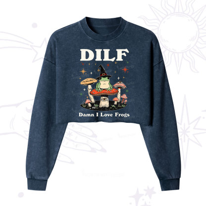 Purplehecate Dilf Damn I Love Frogs Cropped Washed Sweatshirt