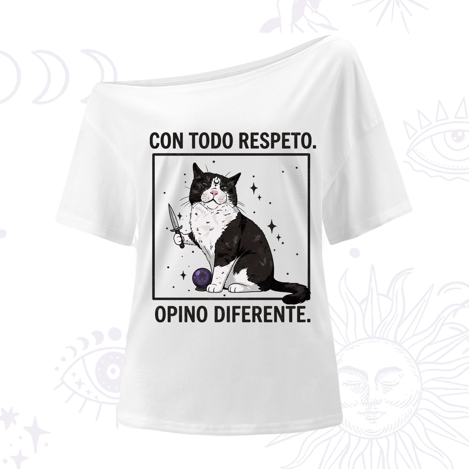 Purplehecate Funny Cat Con Todo Respeto Opino Diferente One Shoulder T-Shirt