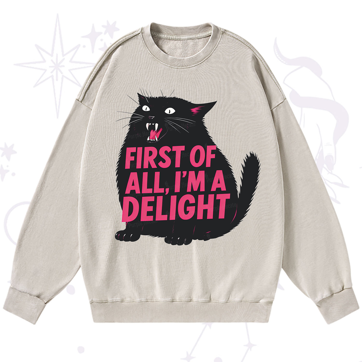 Purplehecate First Of All I'm A Delight Cat Washed Sweatshirt