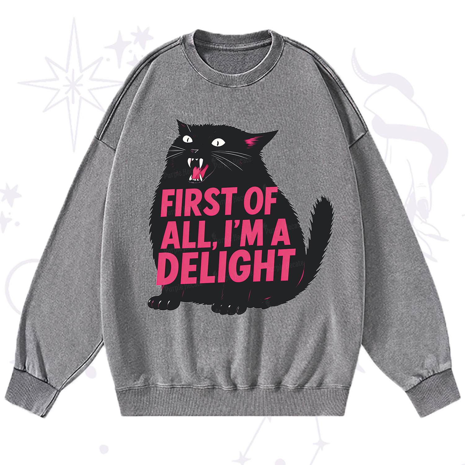 Purplehecate First Of All I'm A Delight Cat Washed Sweatshirt