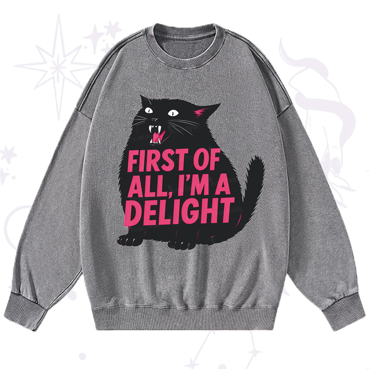 Purplehecate First Of All I'm A Delight Cat Washed Sweatshirt
