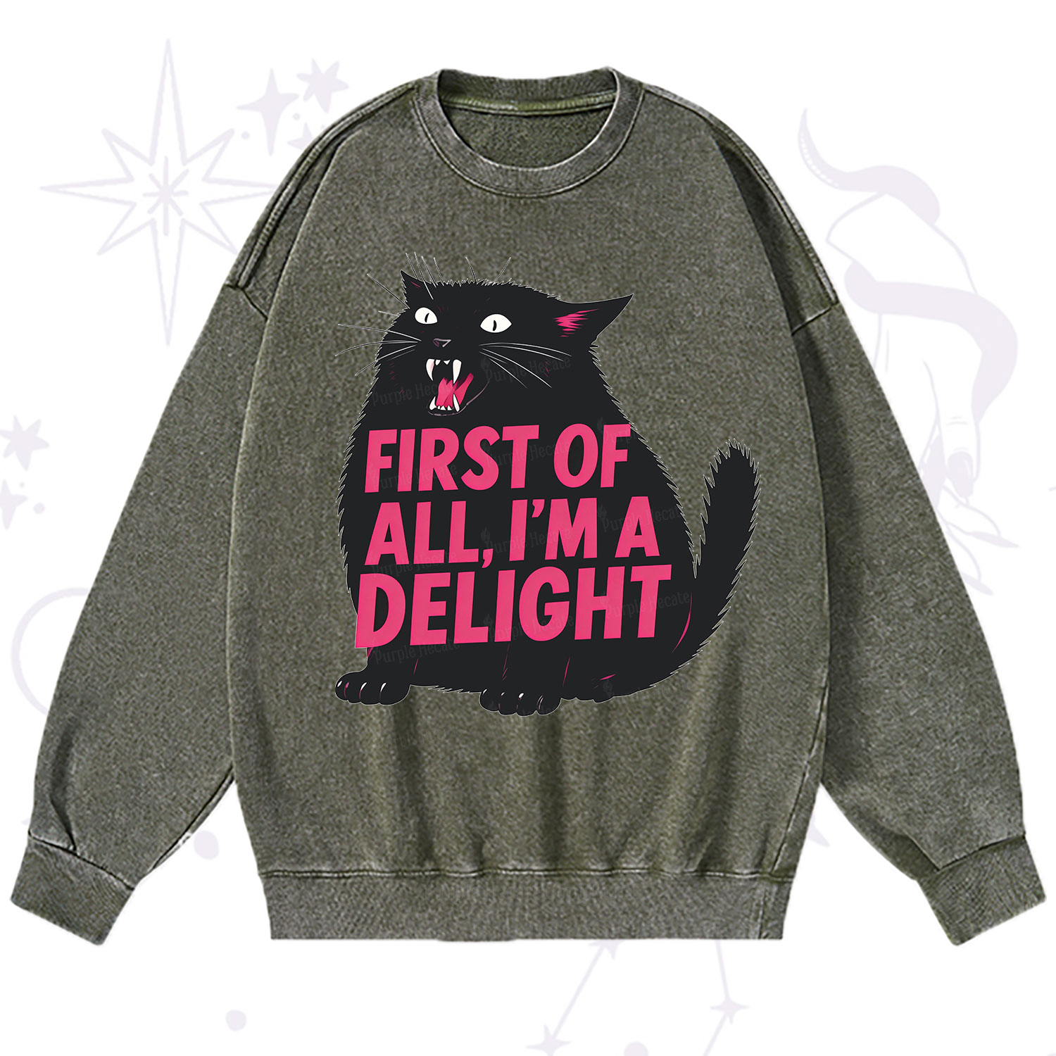 Purplehecate First Of All I'm A Delight Cat Washed Sweatshirt
