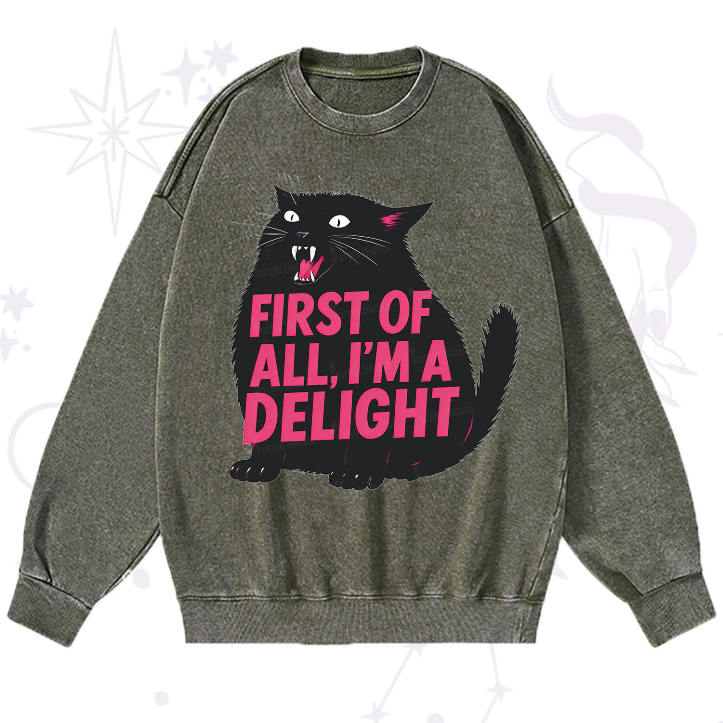 Purplehecate First Of All I'm A Delight Cat Washed Sweatshirt