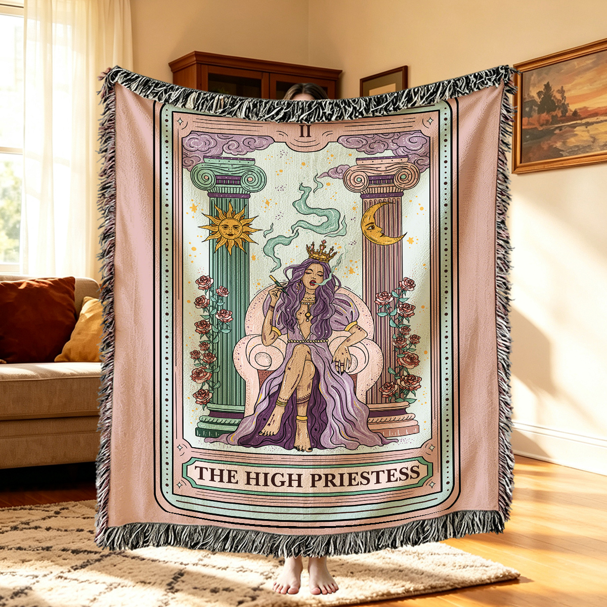 Purplehecate The High Priestess Tarot Card Woven Tapestry Blanket