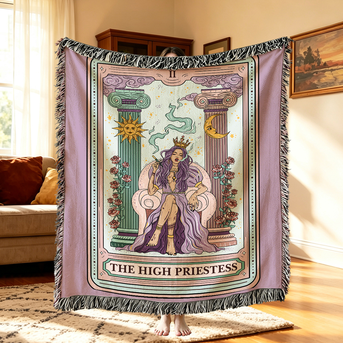 Purplehecate The High Priestess Tarot Card Woven Tapestry Blanket
