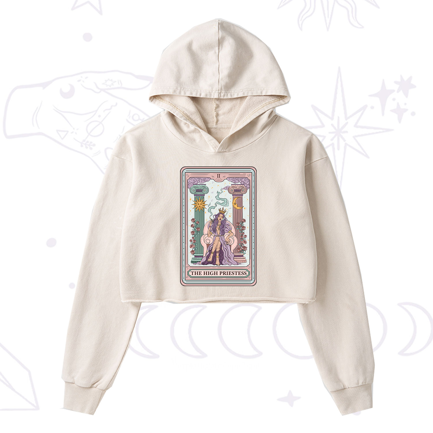 Purplehecate The High Priestess Tarot Card Washed Cropped Hoodie