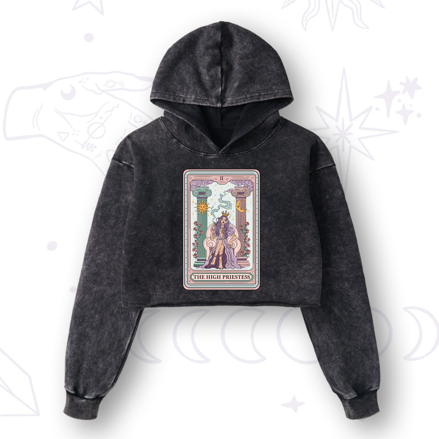 Purplehecate The High Priestess Tarot Card Washed Cropped Hoodie