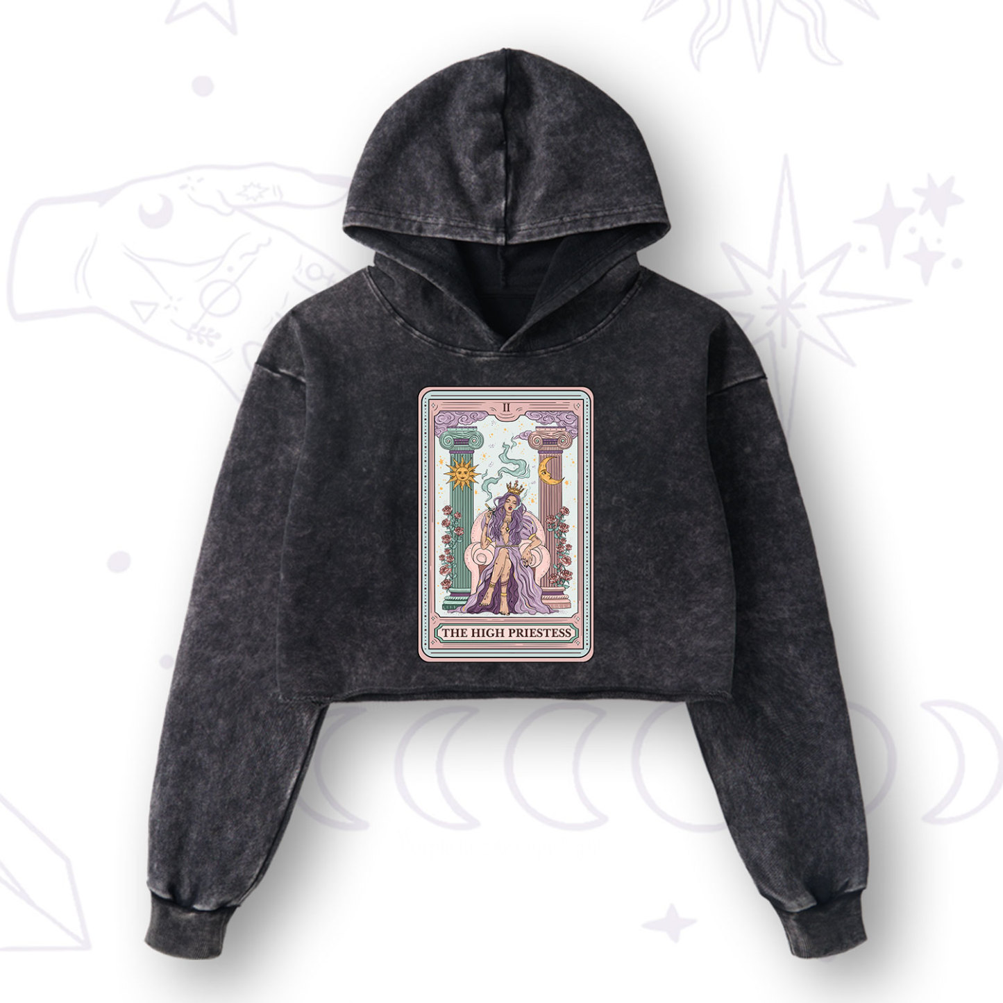 Purplehecate The High Priestess Tarot Card Washed Cropped Hoodie