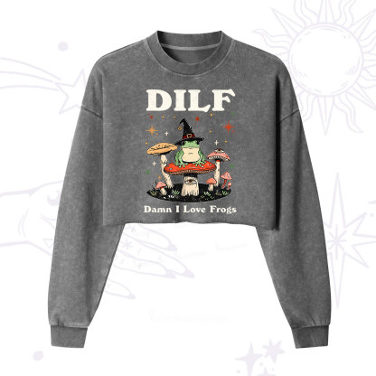 Purplehecate Dilf Damn I Love Frogs Cropped Washed Sweatshirt