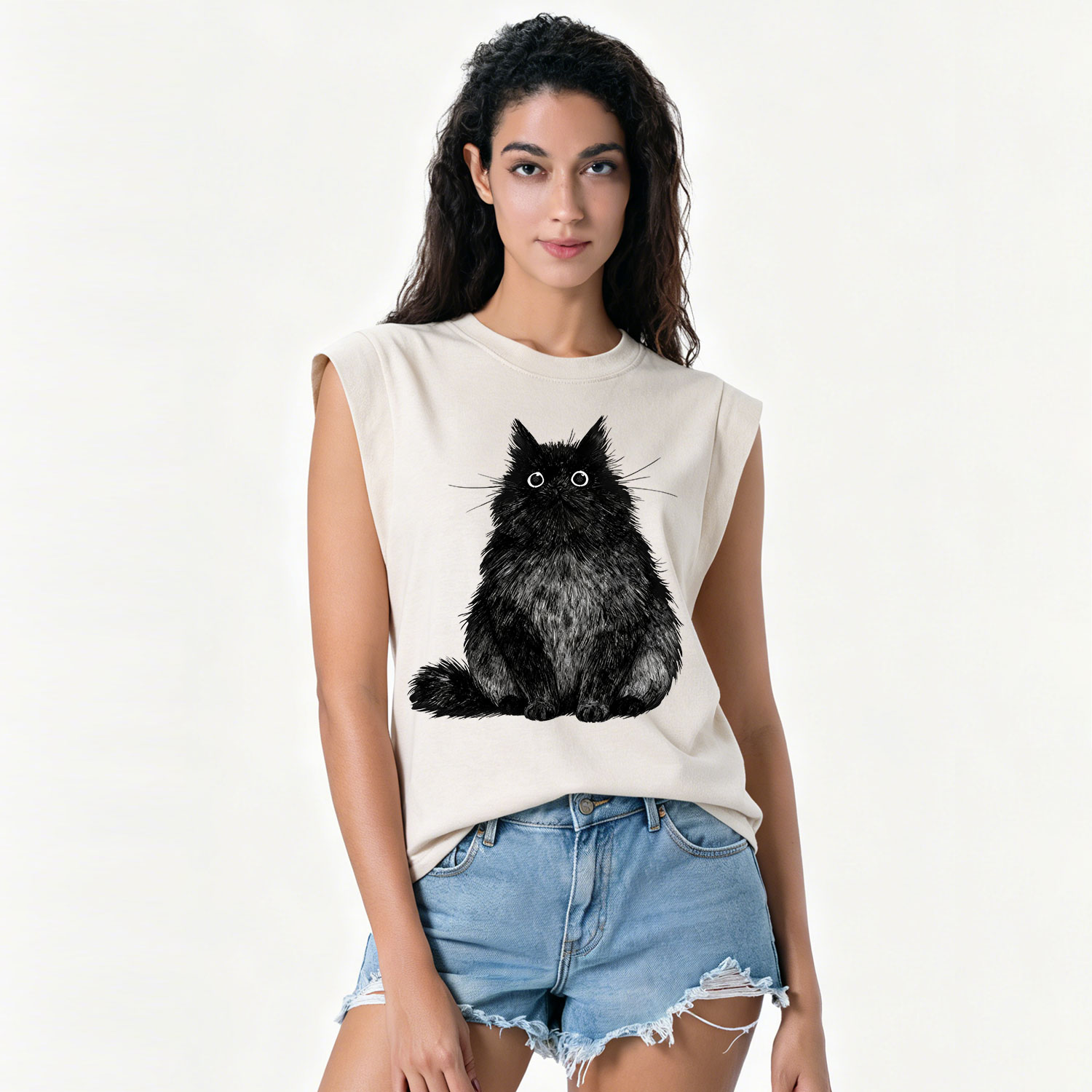 Purplehecate Cute Black Fluffy Cat Vintage Washed Tank